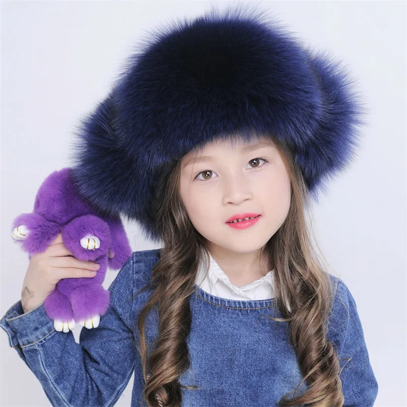 Real Fox Fur Hats for Kids Boys and Girls Thick Winter Outdoor Ear Warm Hat with Flap Children Russian Trapper R12