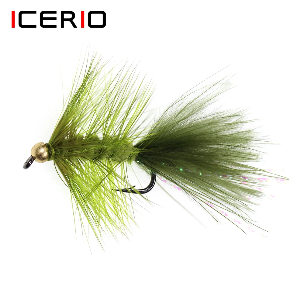 CERIO 6PCS Olive Brass Bead Head Flash Woolly Bugger Streamer Trout Fly Fishing Lure Baits