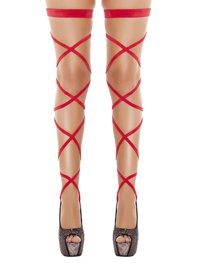 Sexy Women Bandage Fishnet Stockings Thigh-High Studded Thigh High Leg Rave Wraps Strappy Tights