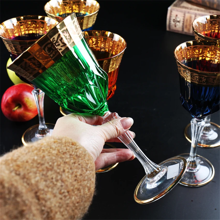 Luxury Crystal Goblet 24K Gold Champagne Glasses Flute Glass Cup Red Wine Glasses Colorful Vodka Cups Bar Hotel Party Drinkware