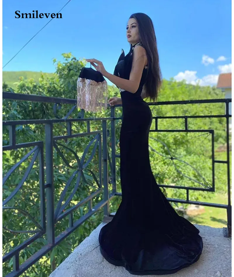 Smileven Morocco Caftan Evening Dress 3 pieces Mermaid Prom Dress Sleeveless Velvet Formal Evening Party Dress Side Split Outfit