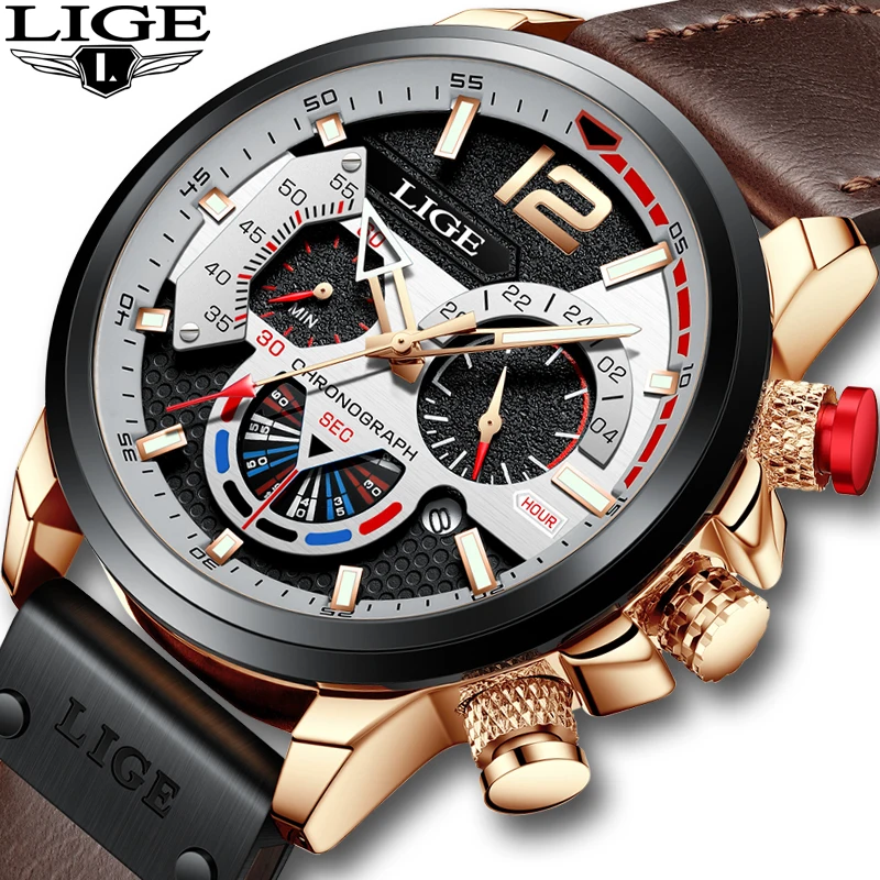 LIGE 2022 New Fashion Mens Leather Quartz Watch For Men Top Brand Luxury Wristwatch Waterproof Sport Clock Relogio Masculino+Box