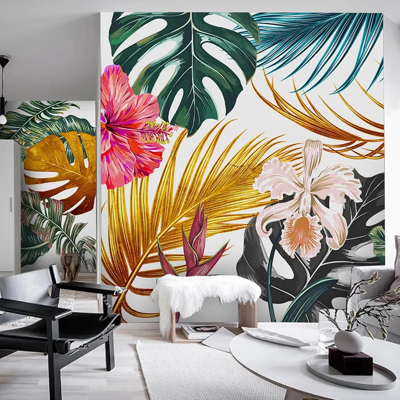 현대 사진 벽지 3D 수채화 황금 식물 잎 꽃 벽화, 거실 식당 방수 캔버스 벽화
