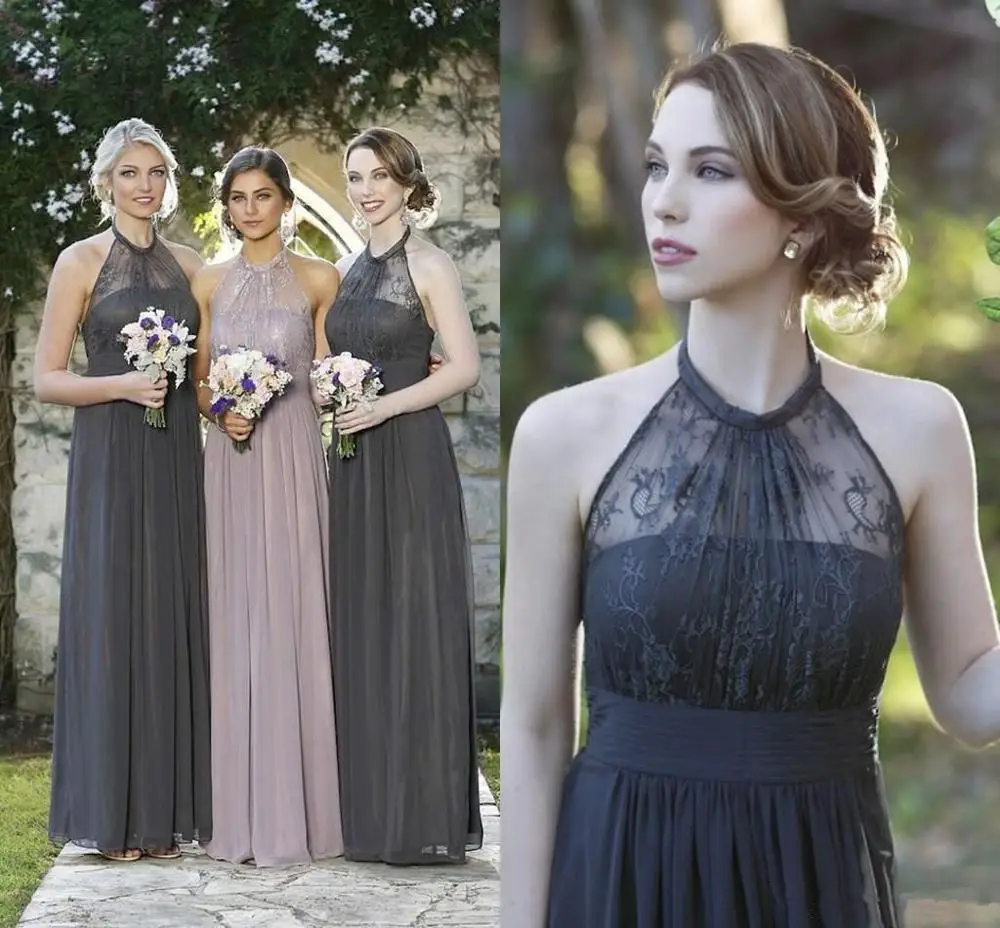 Vestidos largos de gasa para dama de Honor, traje de encaje romántico de color gris oscuro para dama de Honor, Playa y jardín, vestidos de invitados de boda con cuello Halter personalizados