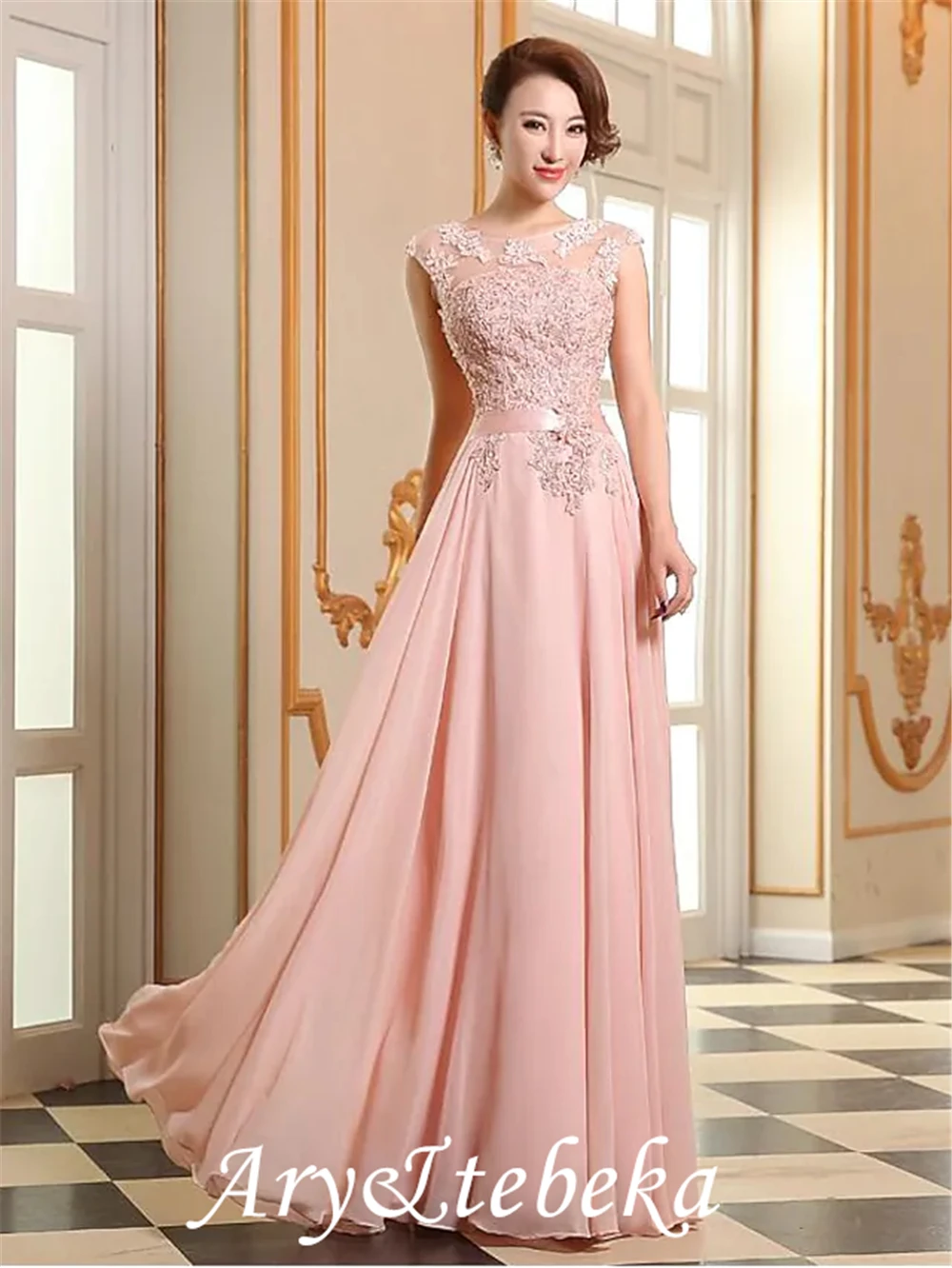 A-Line Empire elegante abito da sera formale Prom Illusion Neck senza maniche lunghezza del pavimento Georgette in rilievo pizzo con applicazioni 2021