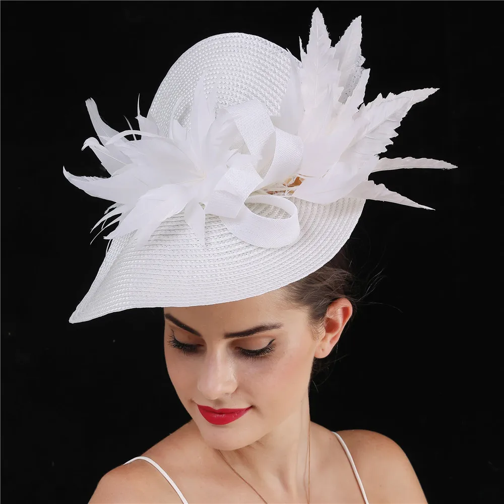 Bride White Chic Fascinator Hat Cocktail Wedding Church Headpiece Kentucky Headwear Feather Flower Women Leaf Decor Fascinator