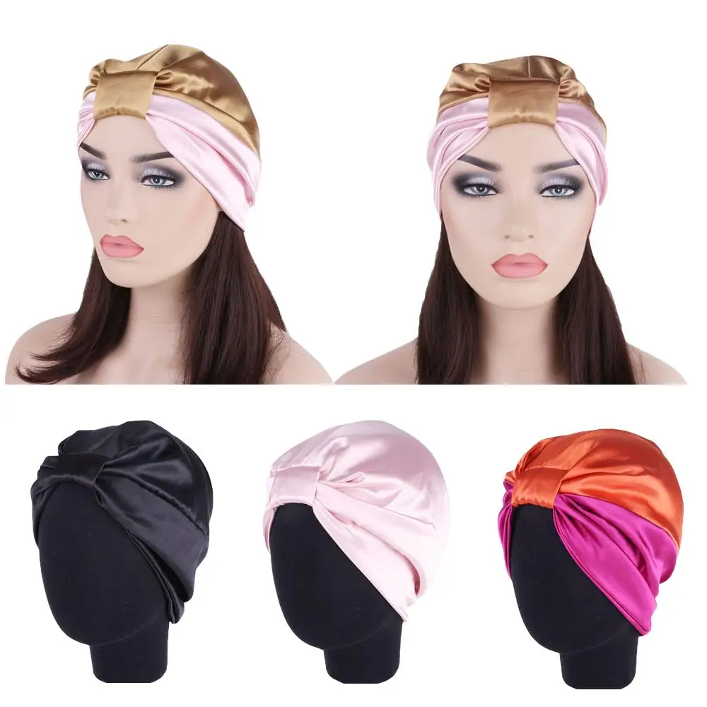 Satin Muslim Women Night Sleep Cap Head Wrap Turban Chemo Cap Hair Loss Bonnet Beanie Headwear Skullies Curly Hair Accessories