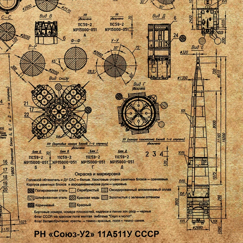 Soyuz-U2 Russian Rocket Patent Gallery Wall Art Canvas Print Aviation artwork Blueprint Posters Painting Outer Space Retro Decor