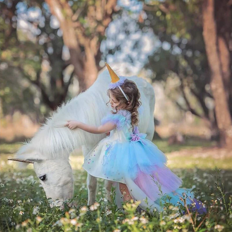 Unicorn Dress For Girls Birthday Party Costume Christmas Princess Dress With Long Tail Kid Anniivesary Clothes Backless Vestidos