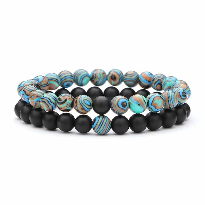 2-teiliges Set aus Naturstein-Armbändern für Paare, klassisches schwarzes, mattes, blaues Malachit-Armband, geeignet für Männer und Frauen, bestes