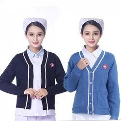 Nurse's sweater cardigan thickened navy blue and white edge Korean version warm knit jacket doctor's emergency outpatient cloths