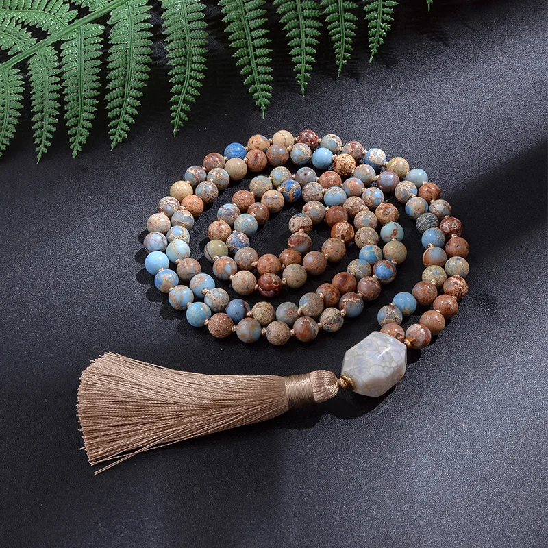 8mm Emperor Jasper Beaded Knotted Japamala Necklace Meditation Yoga Blessing Jewelry Set 108 Mala Rosary Natural Stone Pendant