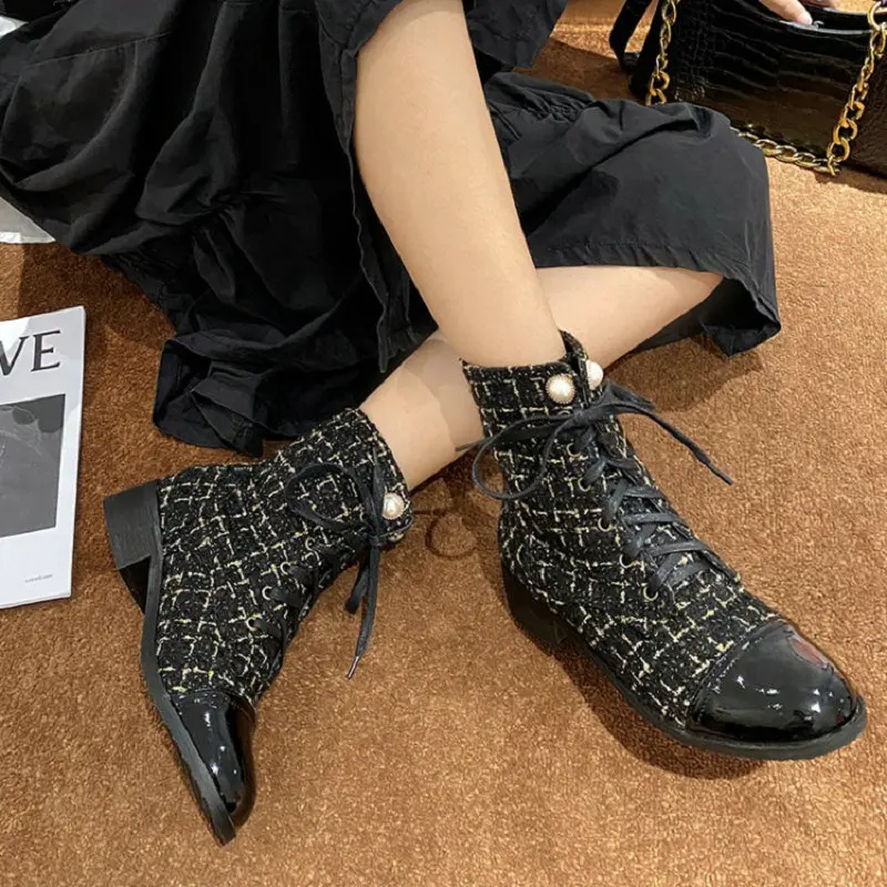 ZawsThia Winter Autumn Round Toe Square Heels Lace-up Tweed Checked Plaid Luxury riding Women Ankle Boots Big Size 45 46 Shoes