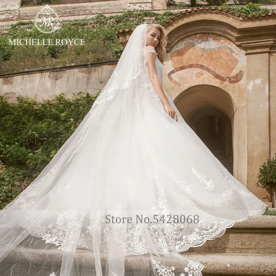 Michelle Royce gaun pernikahan a-ling, gaun pengantin elegan kerah V bahu terbuka, applique manik-manik pita renda, Gaun latihan