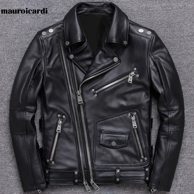 Mauroicardi Spring Black Pu Leather Motorcycle Jacket for Men Style Long Sleeve Zipper Pockets Mens Leather Jackets and Coats