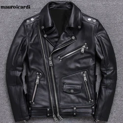 Mauroicardi 남성용 블랙 PU 가죽 오토바이 재킷, 긴 소매 지퍼 포켓, 가죽 재킷 및 코트, 봄