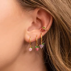 1pc Stainless Steel CZ Zircon Fruit Pendant Earring Apple Peach Cherry Charm Piercing Earrings Girl's Cute Small Hoop Earring