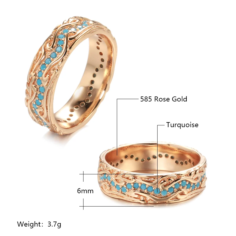 Kinel Trendy 585 Rose Gold Full Circle Ring Exquisite Turquoise Stackable Finger Ring For Women Fine Vintage Jewelry 2021 New