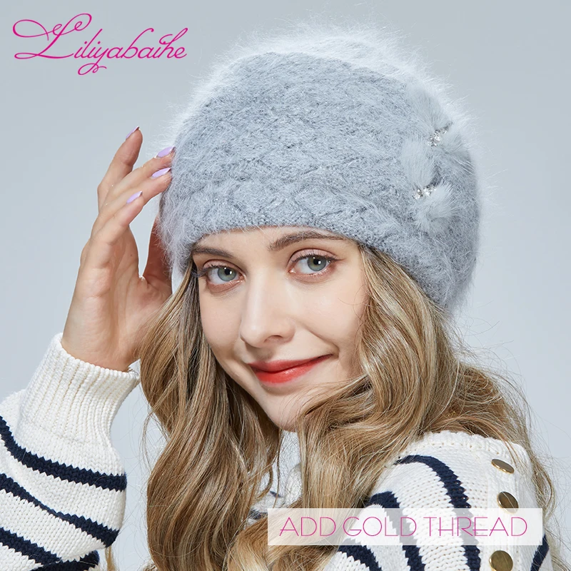 Liliyabaihe Winter hat Women Diamond Double three-dimensional knit hat Mink decoration 6 colors