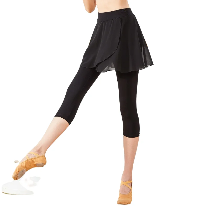 The Modern Dance Pants With Chiffon Short Skirt Ballet Practice Tights Latin Dancer Ankle Leggings Elastic Waist Plus Size 3XL