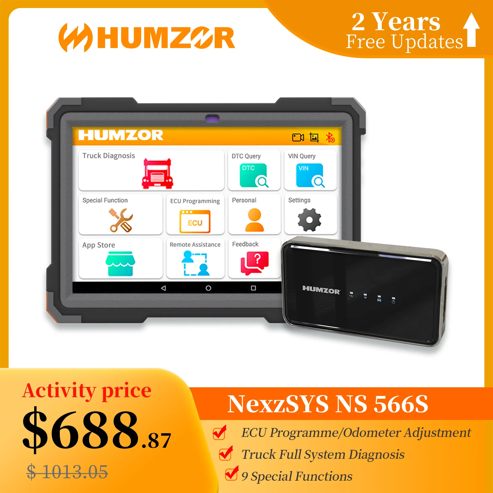 Humzor NS566S Heavy Duty Truck Diagnostic Tool Diesel OBD2 Professional Scanner Full System 9 Reset ABS/DPF/Mileage Adjustment