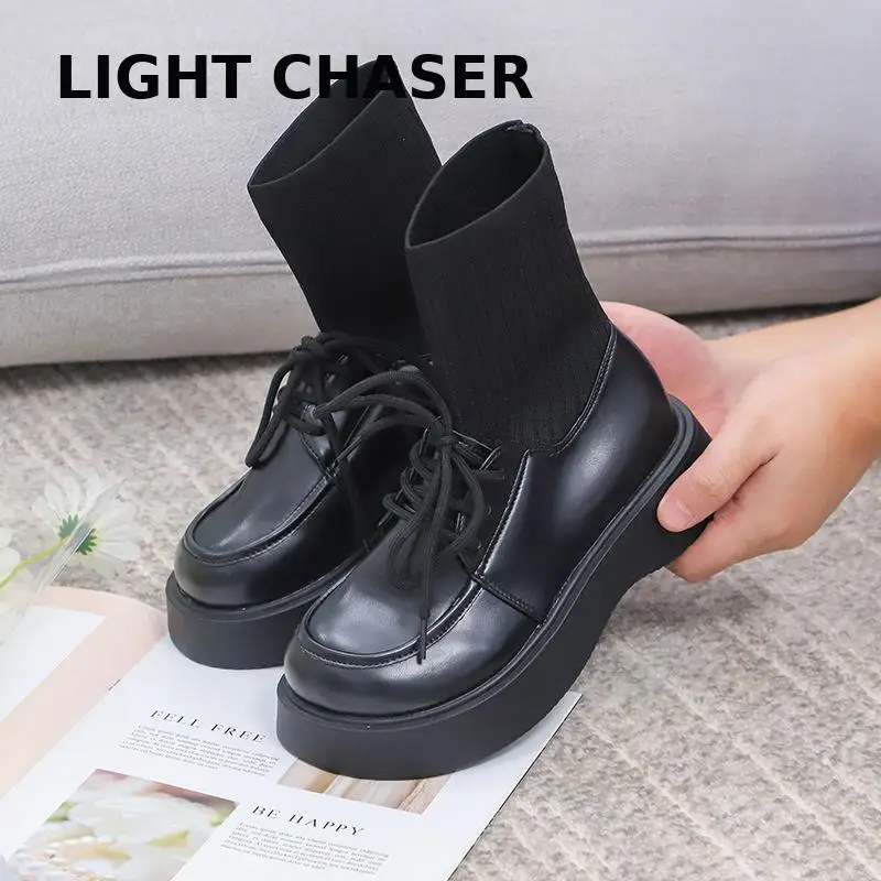 

Knitted Socks Boots Women's New Autumn Sponge Cake Thick-soled Women's Ankle Boots And Socks Fashion Lace-up Elastic Ankle Boots