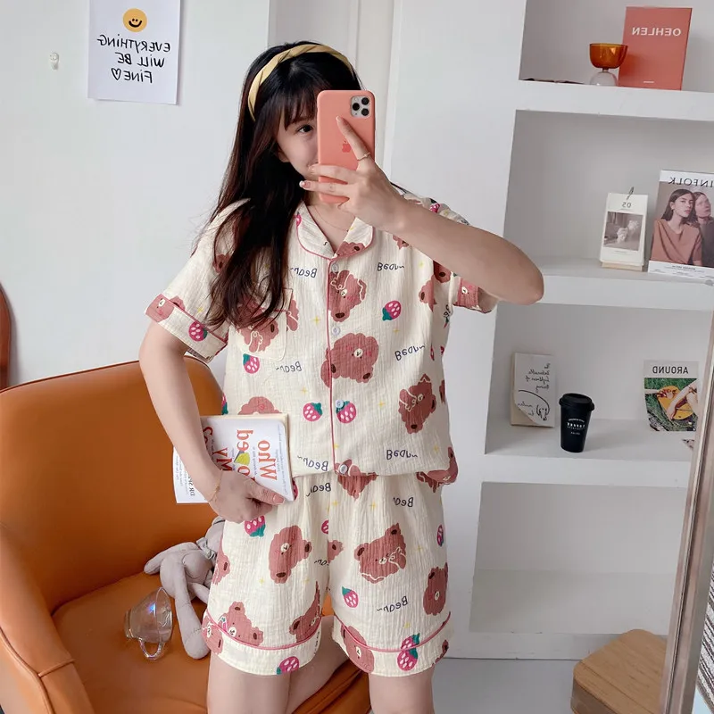 

Cotton Women's Pajamas Fashion Leisure Cute Printing Plaid Turn-Down Collar Short Sleeve Pajamas With Shorts XXL Large Size