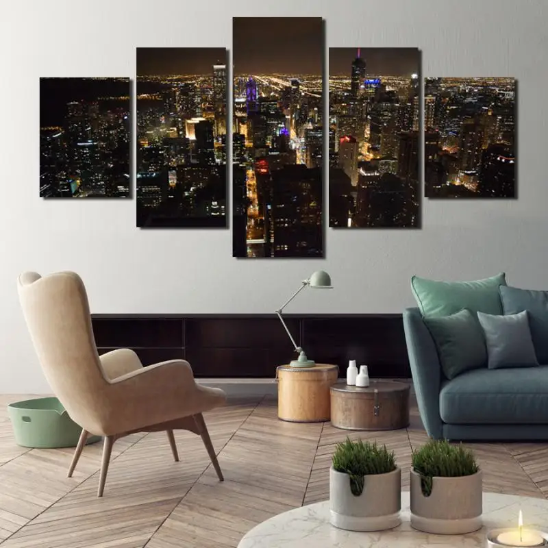 Canvas Printing Modern Prosperous City Night View High-rise Buildings Light Landscape Frameless Painting Home Decorative Poster