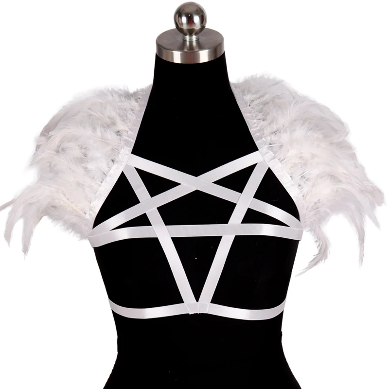 Goth Womens Fashion Five-Pointed Star Crop Tops Cage Bra Bondage Belt Feather Body Harness Strappy Festival Rave Sexy Lingerie