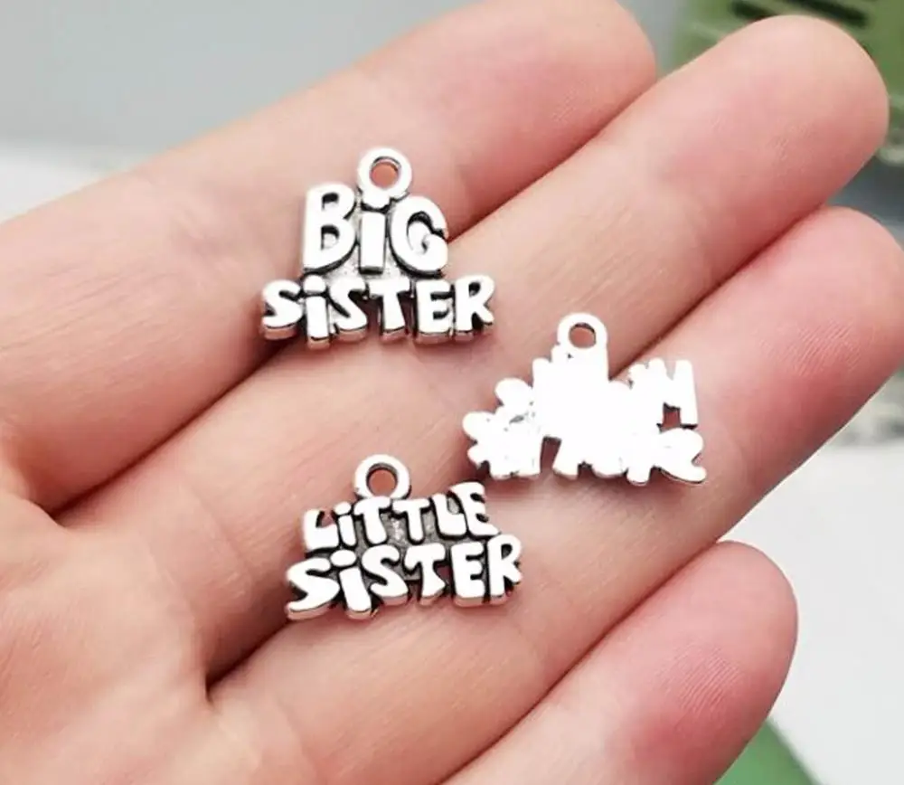 15pcs/lot--18x16mm Antique Silver Plated Big Middle Little Sister Charms Family Pendants DIY Supplies Jewelry Making Accessories