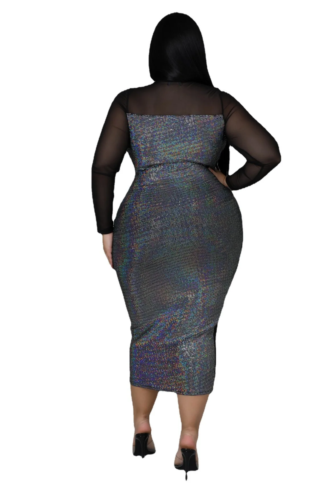 Robe de soirée en maille noire, grande taille, manches longues, paillettes, Slim, Club, Sexy, Perspective, vente en gros, livraison directe, hiver, XL-4XL