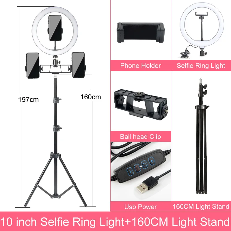 Christma Gift 10 12 14 Inch Dimmable LED Selfie Ring Light with Stand without Tripod 160cm Lamp Photography Ringlight Phone