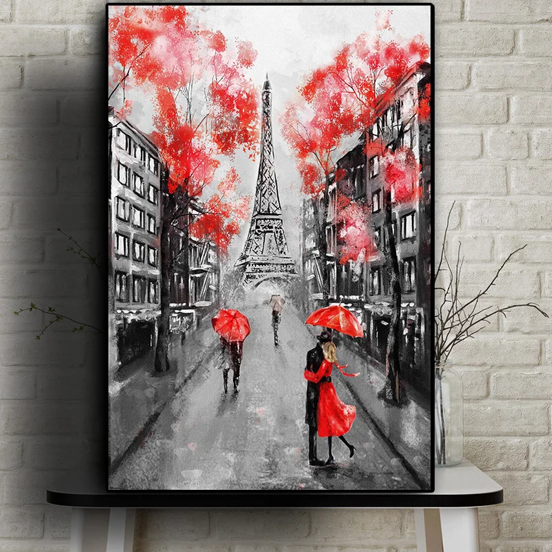 

Romantic City Couple Paris Eiffel Tower Oil Painting on Canvas Art Cuadro Posters and Prints Nordic Wall Picture for Living Room