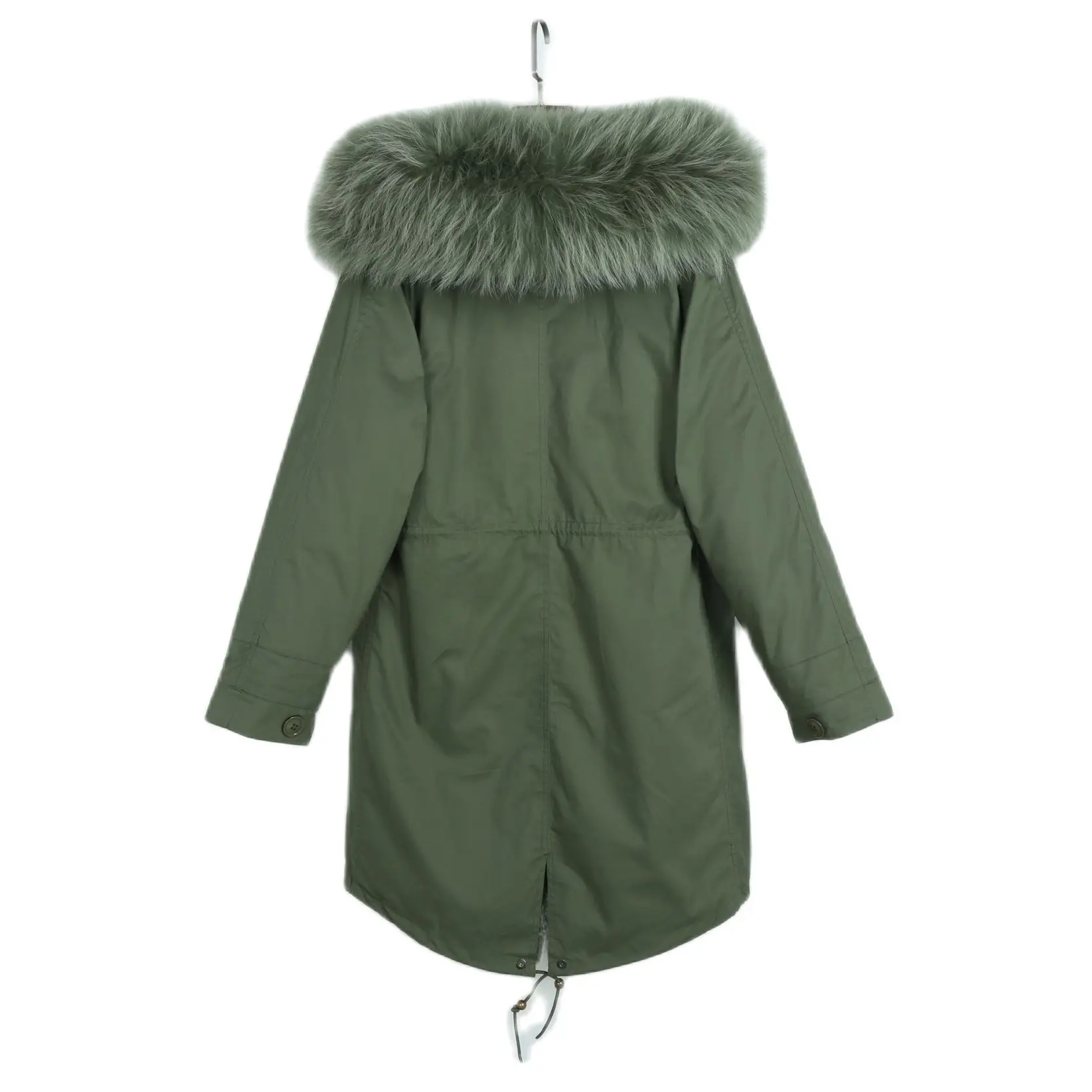 New Style Army Green Parka With Olive Green Faux Fur Lining Long Faux Fur Coat Collar Trimming