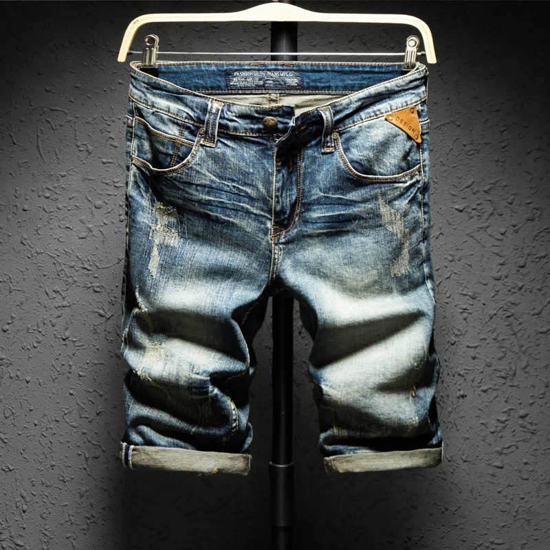 Men Denim Shorts Jeans Blue Stretch Patched Casual Pants Streetwear Summer Man Thin Elastic Fit Jeans High Quality Cotton Cowboy