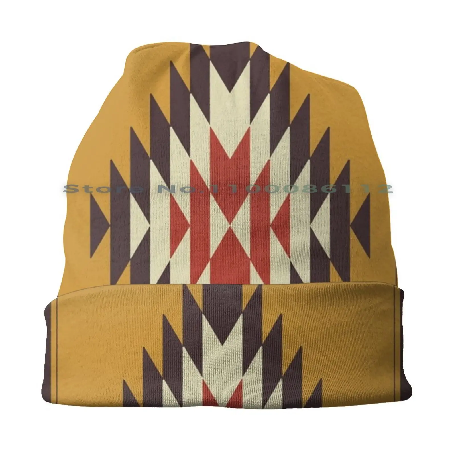 Southwestern Yellow Beanies Knit Hat Navajo Pattern Minimalist Southwestern Lines Shapes Tribal Ethnic Zapotec Aztec Indian