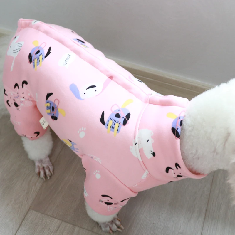 Pet Dog Jumpsuit Warm Fleece Puppy Clothes Pink Printed High Neck Overalls For Small Dogs Protect Belly Pajamas Chihuahua Coat