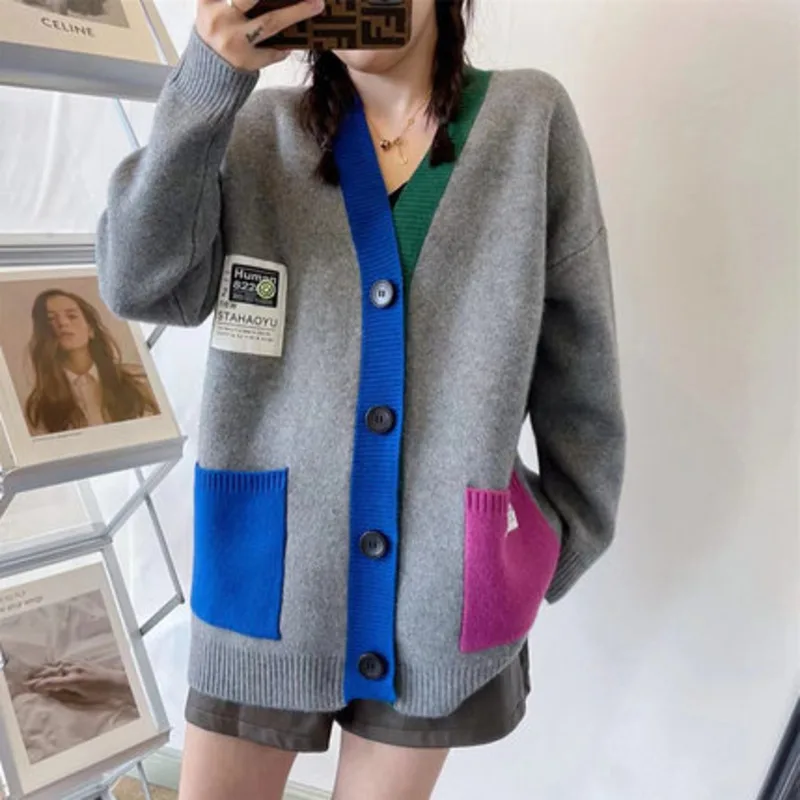 Autumn Winter New Color-Block V Neck Sweater Cardigan Women\'s Korean Loose Outerwear Vintage Knitted Coat Female