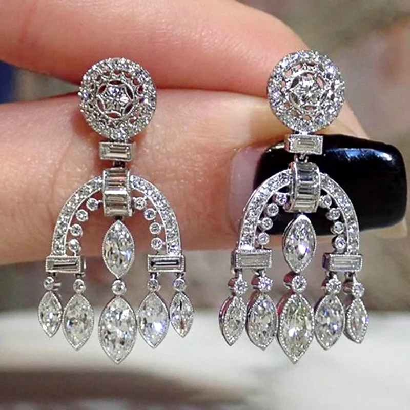 Huitan Retro High-quality Silver Plated Dangle Earrings Women Vintage Wedding Party Elegant Female Accessories Luxury CZ Jewelry