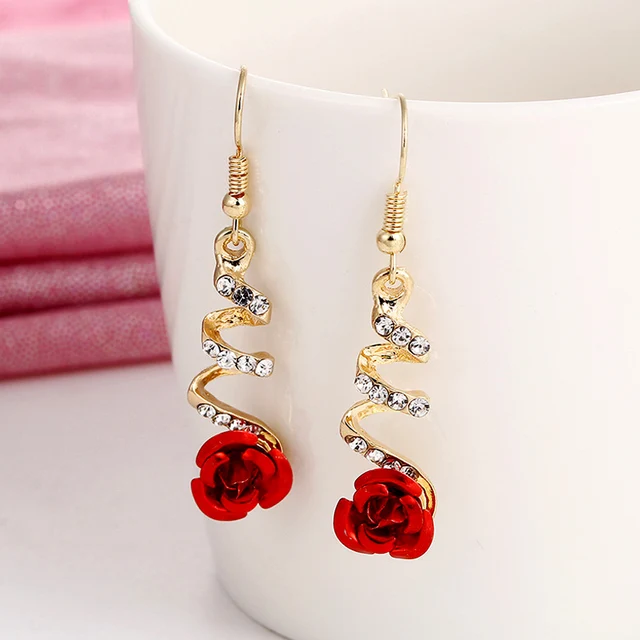 Nowa moda Biżuteria Czerwona róża Kolczyki wiszące Kobiety Vintage Rhinestone Kwiaty Dangle Kolczyk Wesela Zaręczyny Biżuteria imprezowa