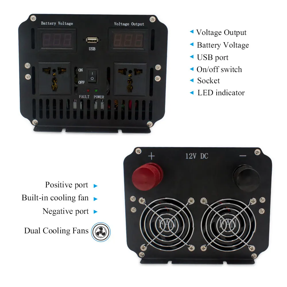 Imagem -05 - Inversor de Onda Senoidal Pura Tensão Led Display Digital Controle Remoto 2500w 5000w dc 12v 24v a ac 220v 110v