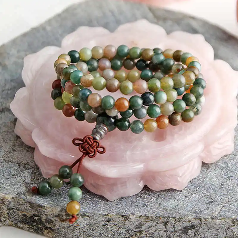 6mm Natural Aquatic Agates Beaded Bracelet for Girls Buddhist 108 Meditation Prayer Mala BRO780