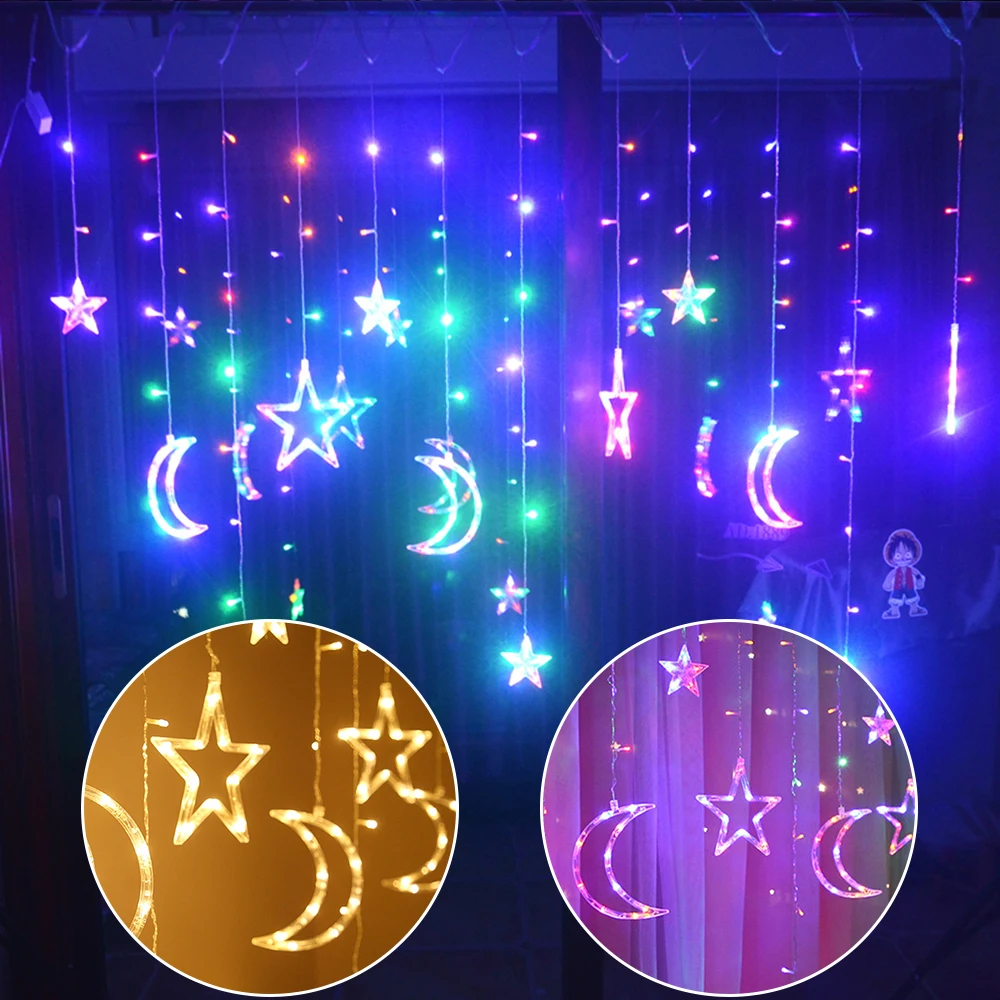 Rideau lumineux LED en forme d'étoile et de lune, guirlande lumineuse féerique pour noël, décor de Ramadan, fête de mariage, vacances et nouvel an, 220V