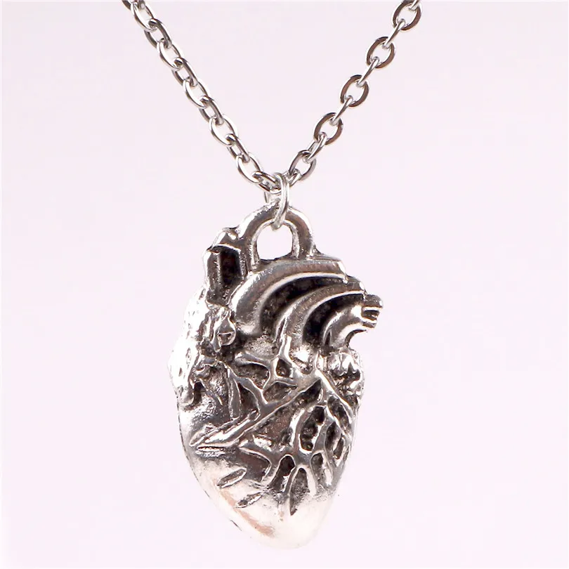 Antique Human Heart Organ One Side Vivid Pendant Necklace Alloy Chain Punk Party Women Men Necklace Jewelry Gift 22778