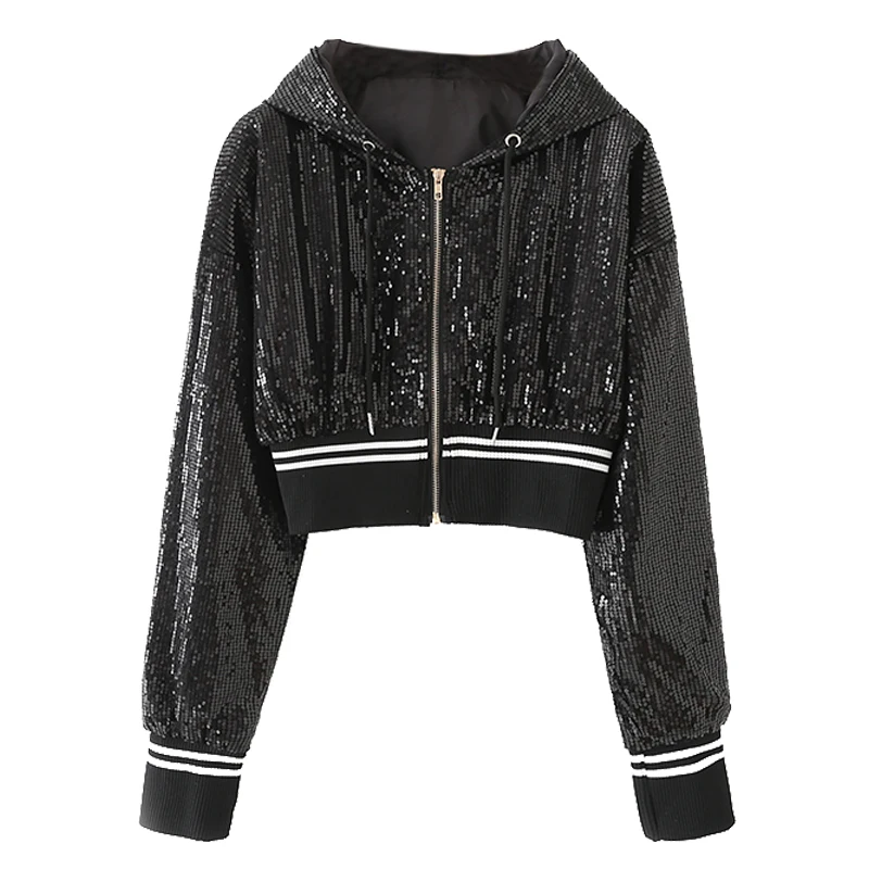 Sequin Hooded Jacket Women Long Sleeve Pink Silver Black Slim Short Outwear Coat Streetwear Spring Chic Fashion Female Jackets