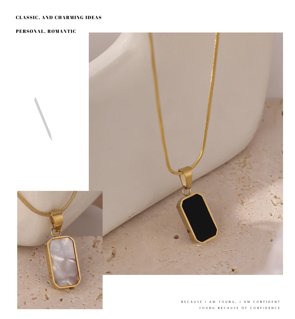 Yhpup Doppelseitige Schwarz Weiß Emaille Natürliche Shell Anhänger Halskette für Frauen Edelstahl Metall Halsband Halskette Geschenk 2021 – Detail 9