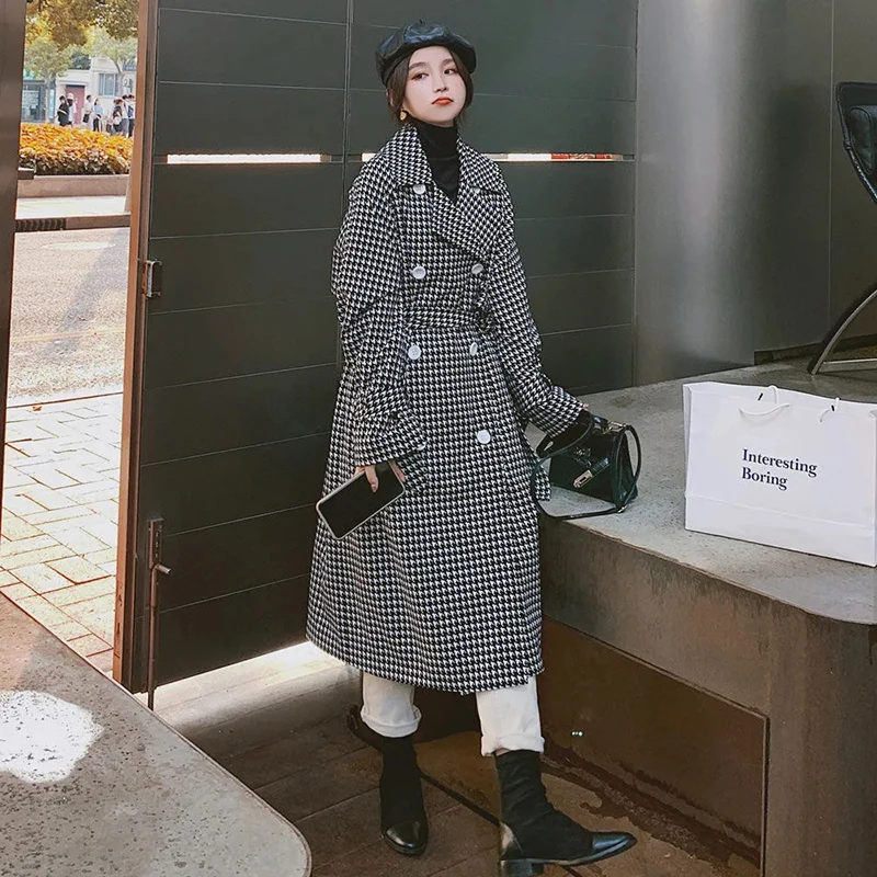 

Vintage Houndstooth Plaid Trench Coat Women Chic Turn-Down Collar Double Breasted With Belt Long Windbreaker Plus Size Outerwear