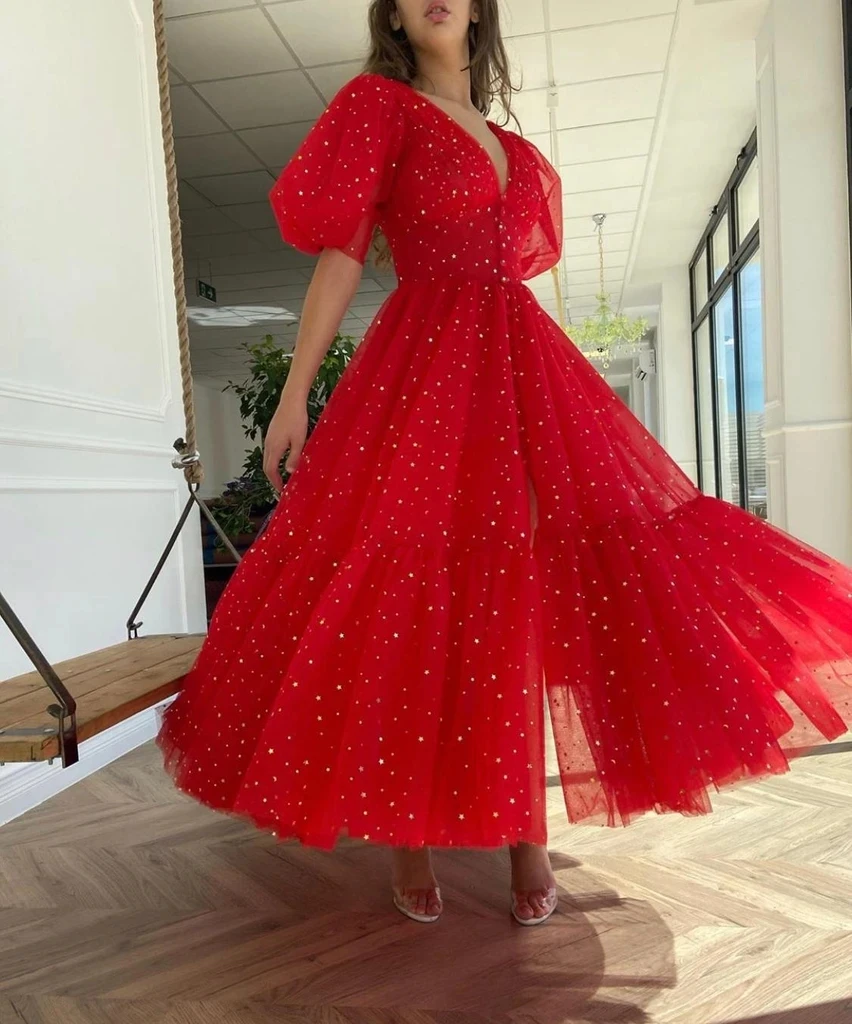 

Red Moroccan Prom Dresses A-line V-neck Half Sleeves Ankle Length Tulle Dubai Saudi Arabia Robe De Soiree Prom Gown Evening