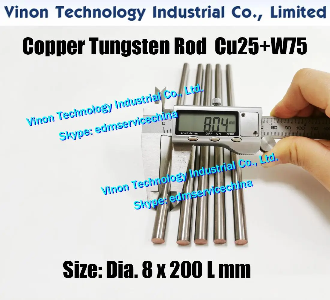 (3PCS PACK) Dia. 8x200Lmm Copper Tungsten Rod CuW75 (Copper 25%+Tungsten 75%), edm Tungsten Copper Alloy Electrode Bar 8mm