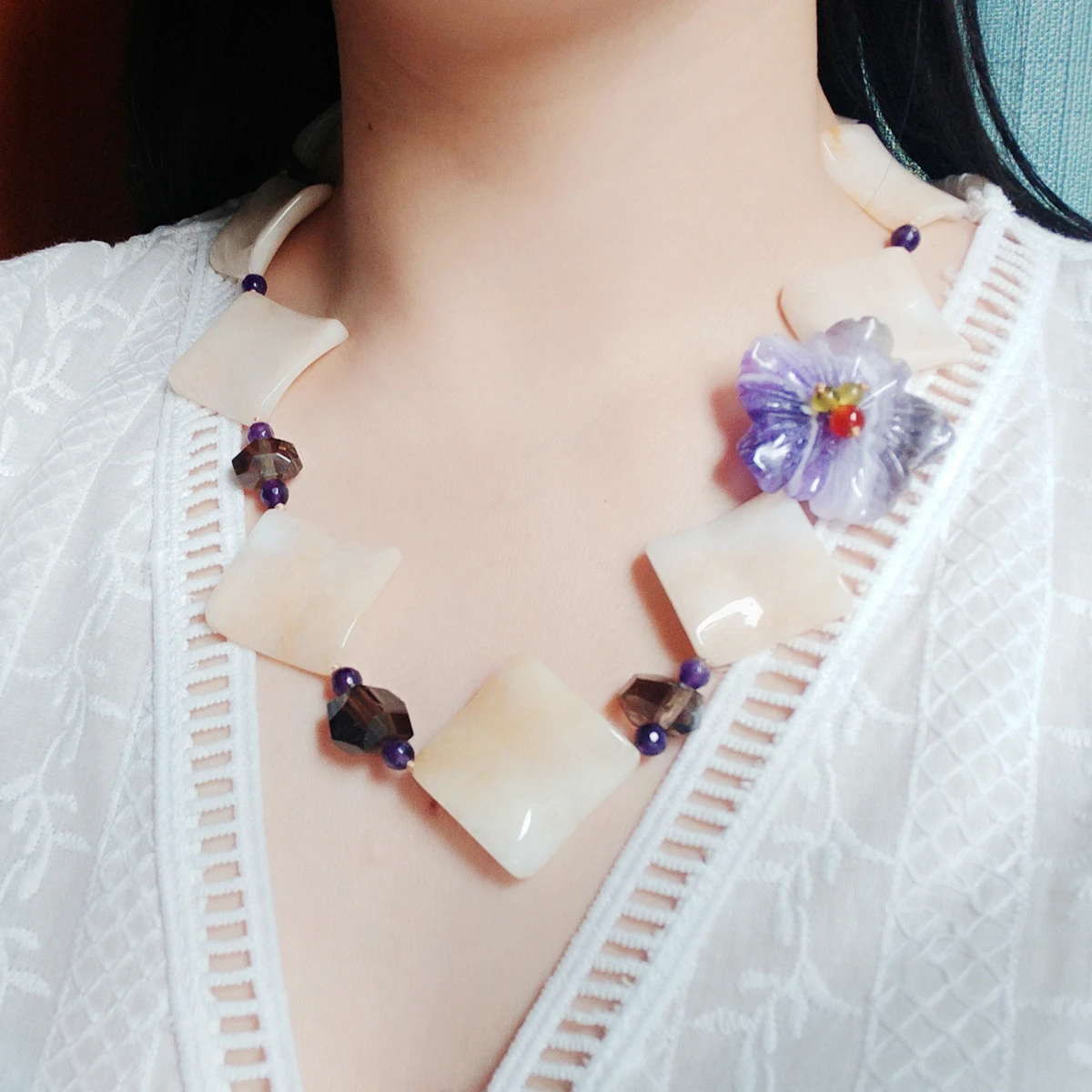 

LiiJi Unique Natural Stone Amethysts Smoky Quartzs Yellow Jades Fashion Flower Necklace Approx 53cm